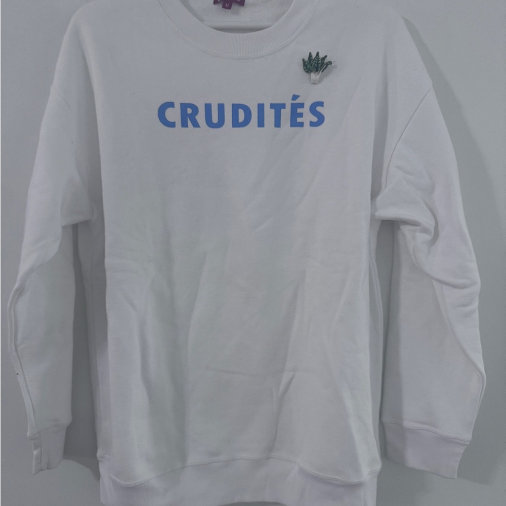 NWOT STAUD Crudités Slogan White Sweatshirt with Blue Print and Pin. - Picture 2 of 7